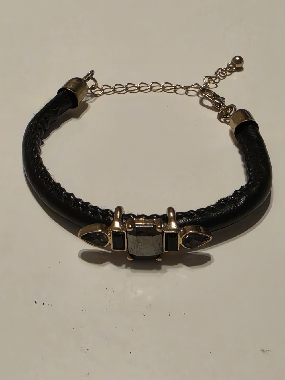 Vintage Black Leather Stone Bracelet Gold Tone